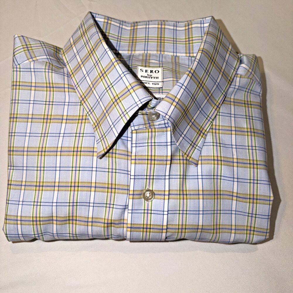 Sero by Forsyth Mens XL Dress Shirt Blue Plaid NonIron Tailored Classic Timeless